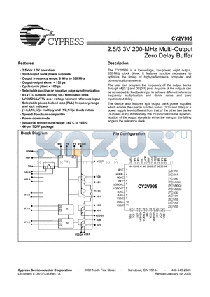 CY2V995 datasheet - S2.5/3.3V 200-MHz Multi-Output Zero Delay Buffer