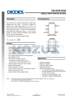 74LVCE1G32SE datasheet - SINGLE 2 INPUT POSITIVE OR GATE