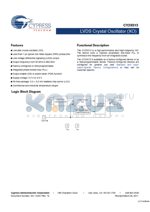 CY2X013LXI062T datasheet - LVDS Crystal Oscillator (XO) Low jitter crystal oscillato