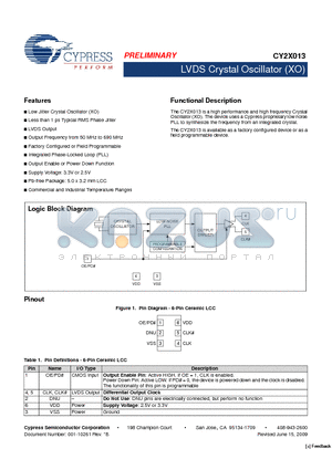 CY2X013FLXCT datasheet - 6-Pin Ceramic LCC SMD - Tape and Reel