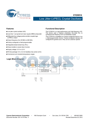 CY2X014_V2 datasheet - Low Jitter LVPECL Crystal Oscillator