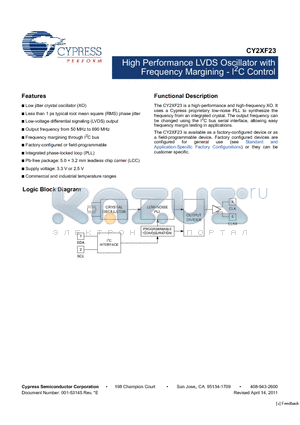 CY2XF23_11 datasheet - High Performance LVDS Oscillator with Frequency Margining - I2C Control