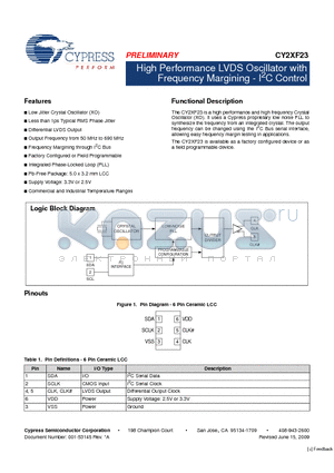 CY2XF23FLXCT datasheet - 6-Pin Ceramic LCC SMD - Tape and Reel