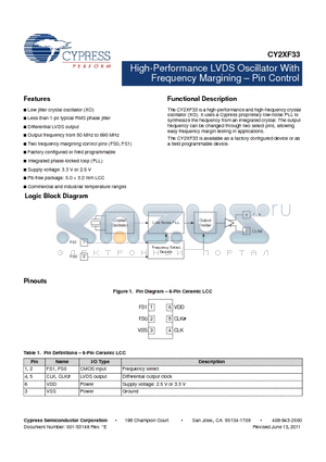 CY2XF33FLXCT datasheet - High-Performance LVDS Oscillator With Frequency Margining  Pin Control