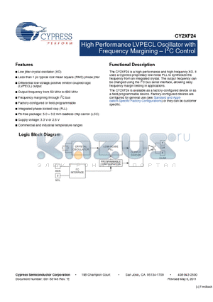 CY2XF24_11 datasheet - High Performance LVPECL Oscillator with Frequency Margining  I2C Control