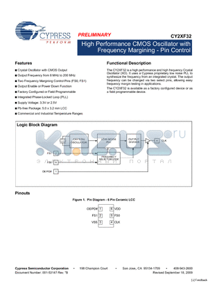 CY2XF32 datasheet - High Performance CMOS Oscillator with Frequency Margining - Pin Control