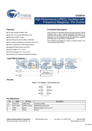 CY2XF34 datasheet - High Performance LVPECL Oscillator with Frequency Margining - Pin Control