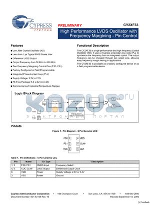 CY2XF33 datasheet - High Performance LVDS Oscillator with Frequency Margining - Pin Control