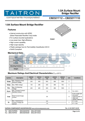 CB2321T110 datasheet - 1.0A Surface Mount Bridge Rectifier