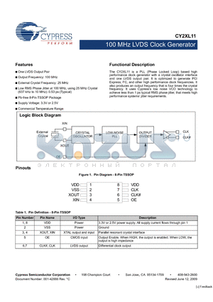 CY2XL11ZXC datasheet - 100 MHz LVDS Clock Generator