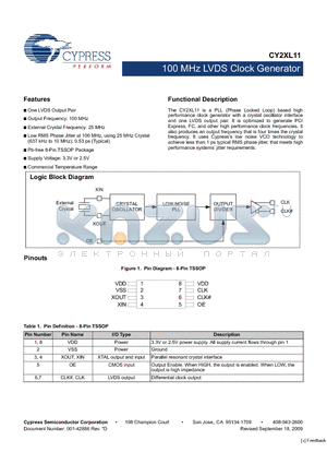 CY2XL11ZXCT datasheet - 100 MHz LVDS Clock Generator