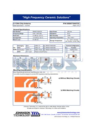 5500AT18A0725 datasheet - 5.5 GHz Chip Antenna