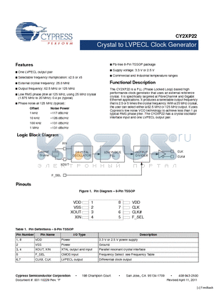 CY2XP22ZXI datasheet - Crystal to LVPECL Clock Generator One LVPECL output pair