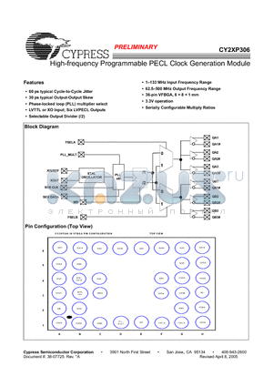 CY2XP306BVXI datasheet - High-frequency Programmable PECL Clock Generation Module