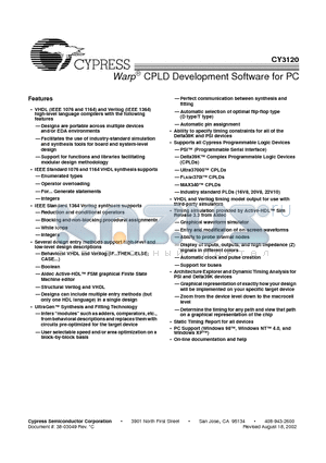 CY3120 datasheet - Warp-R CPLD Development Software for PC