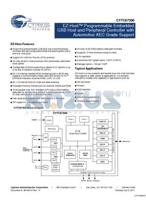 CY3663 datasheet - EZ-Host Programmable Embedded USB Host and Peripheral Controller