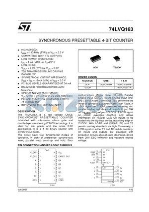 74LVQ163 datasheet - SYNCHRONOUS PRESETTABLE 4-BIT COUNTER