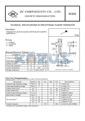 BC635 datasheet - TECHNICAL SPECIFICATIONS OF NPN EPITAXIAL PLANAR TRANSISTOR