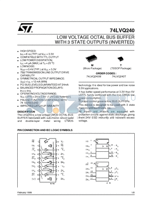 74LVQ240T datasheet - LOW VOLTAGE OCTAL BUS BUFFER WITH 3 STATE OUTPUTS INVERTED