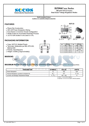 BZD84C2V7 datasheet - Dual Zener Voltage Regulator Diodes