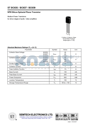 BC637 datasheet - NPN Silicon Epitaxial Planar Transistor