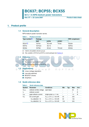 BC637 datasheet - 60 V, 1 A NPN medium power transistors