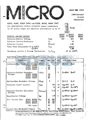 BC637 datasheet - COMPLEMENTARY SILICON TRANSISTORS