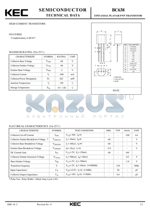 BC638 datasheet - EPITAXIAL PLANAR PNP TRANSISTOR(HIGH CURRENT TRANSISTORS)