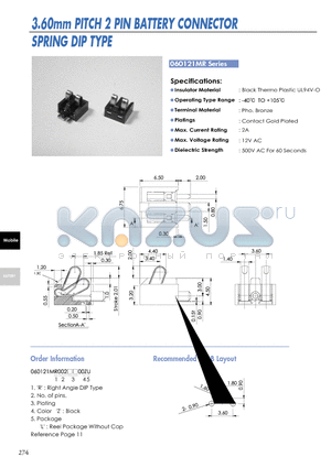 060121MR datasheet - 3.60mm PITCH 2 PIN BATTERY CONNECTOR SPRING DIP TYPE