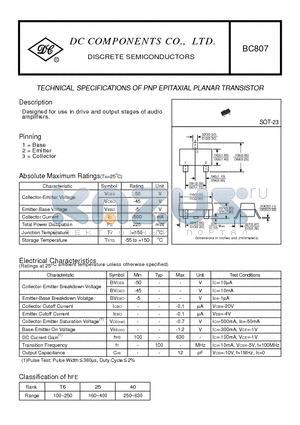 BC807 datasheet - TECHNICAL SPECIFICATIONS OF PNP EPITAXIAL PLANAR TRANSISTOR