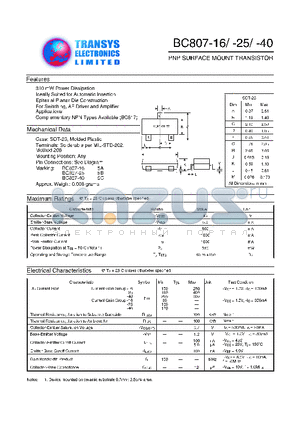 BC807-16 datasheet - PNP SURFACE MOUNT TRANSISTOR