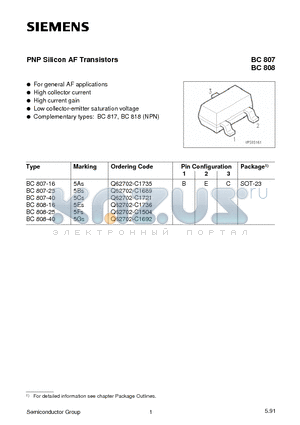 BC807-16 datasheet - PNP Silicon AF Transistors (For general AF applications High collector current High current gain)