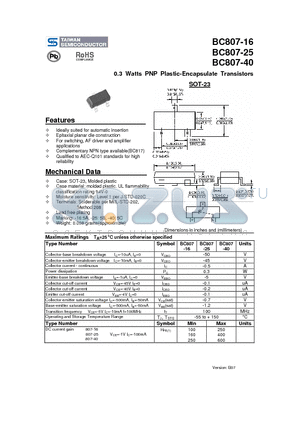 BC807-16 datasheet - 0.3 Watts PNP Plastic-Encapsulate Transistors