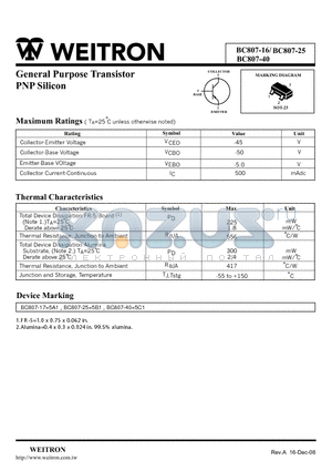 BC807-16 datasheet - General Purpose Transistor