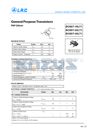 BC807-16LT1 datasheet - General Purpose Transistors(PNP Silicon)