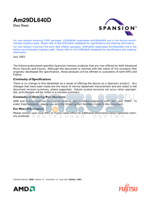 AM29DL640D datasheet - 64 Megabit CMOS 3.0 Volt-only, Simultaneous Read/Write Flash Memory