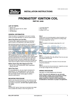 29450 datasheet - PROMASTER IGNITION COIL