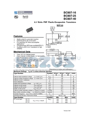 BC807-25 datasheet - 0.3 Watts PNP Plastic-Encapsulate Transistors