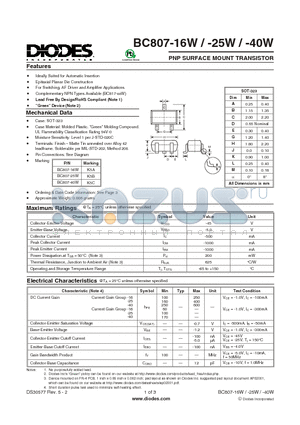 BC807-25W-7 datasheet - PNP SURFACE MOUNT TRANSISTOR