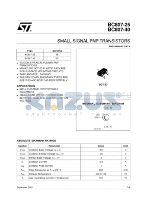 BC807-40 datasheet - SMALL SIGNAL PNP TRANSISTORS