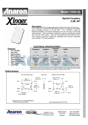 11305-3S datasheet - Hybrid Couplers 3 dB, 90`