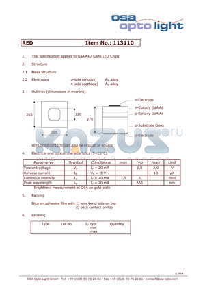 113110 datasheet - GaAlAs / GaAs LED Chips