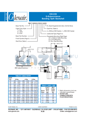 550S039M datasheet - D-Subminiature Banding Split Backshell