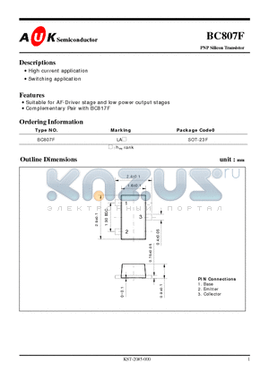 BC807F datasheet - PNP Silicon Transistor (High current application Switching application)