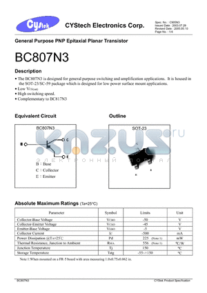 BC807N3 datasheet - General Purpose PNP Epitaxial Planar Transistor