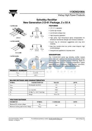 113CNQ100A datasheet - Schottky Rectifier New Generation 3 D-61 Package, 2 x 55 A