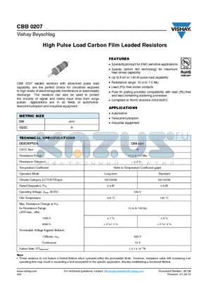 CBB0207 datasheet - High Pulse Load Carbon Film Leaded Resistors