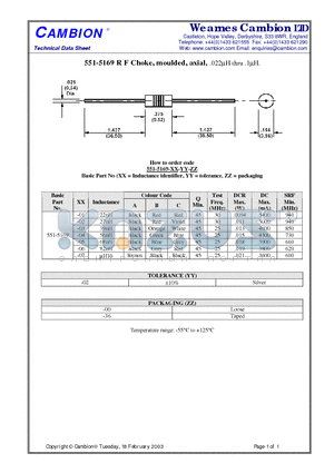 551-5169 datasheet - R F Choke, moulded, axial