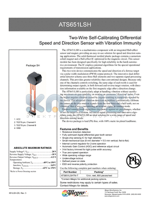 ATS651LSH datasheet - Two-Wire Self-Calibrating Differential Speed and Direction Sensor with Vibration Immunity