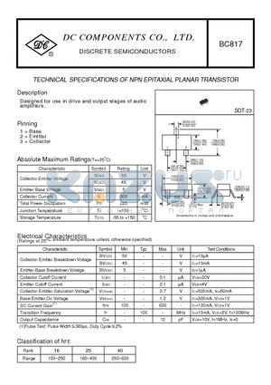 BC817 datasheet - TECHNICAL SPECIFICATIONS OF NPN EPITAXIAL PLANAR TRANSISTOR